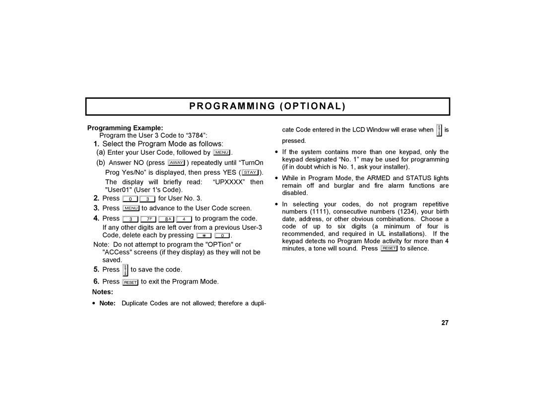 Napco Security Technologies GEM-K2AS manual Select the Program Mode as follows, Programming Example 