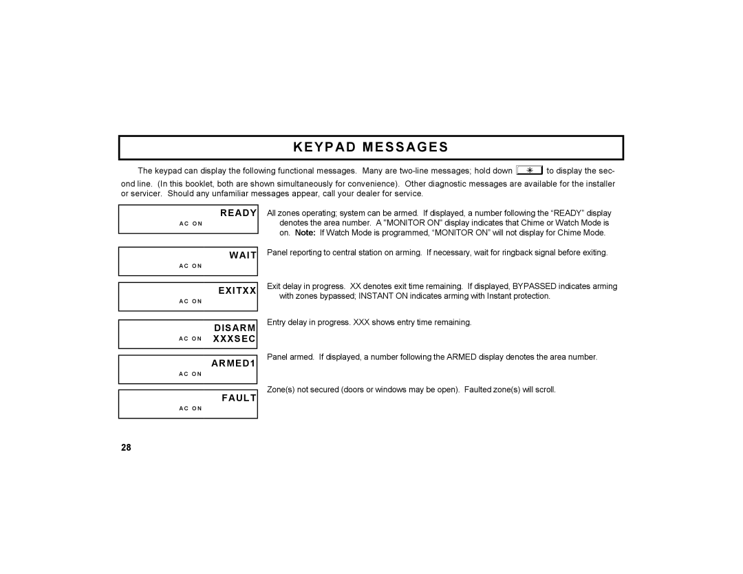 Napco Security Technologies GEM-K2AS manual Keypad Messages, Exitxx, ARMED1 