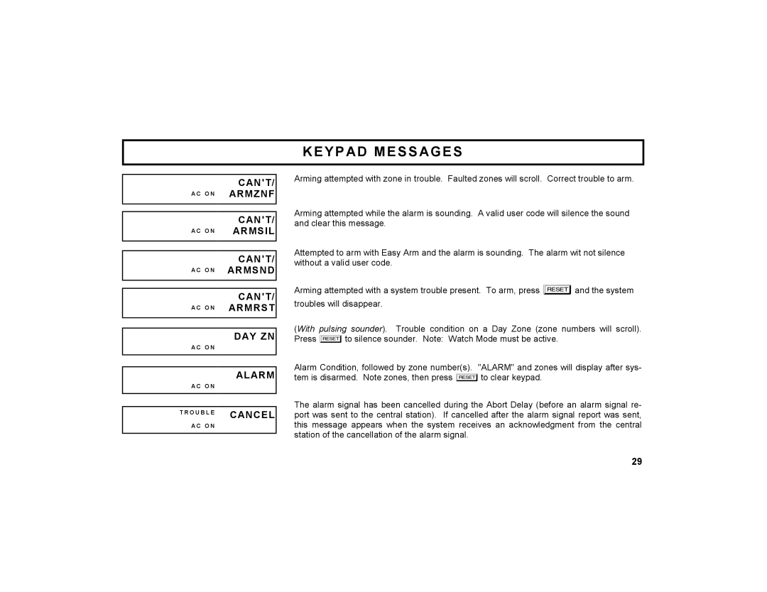 Napco Security Technologies GEM-K2AS manual Armsil, Armsnd, Day Zn, Alarm, Cancel 