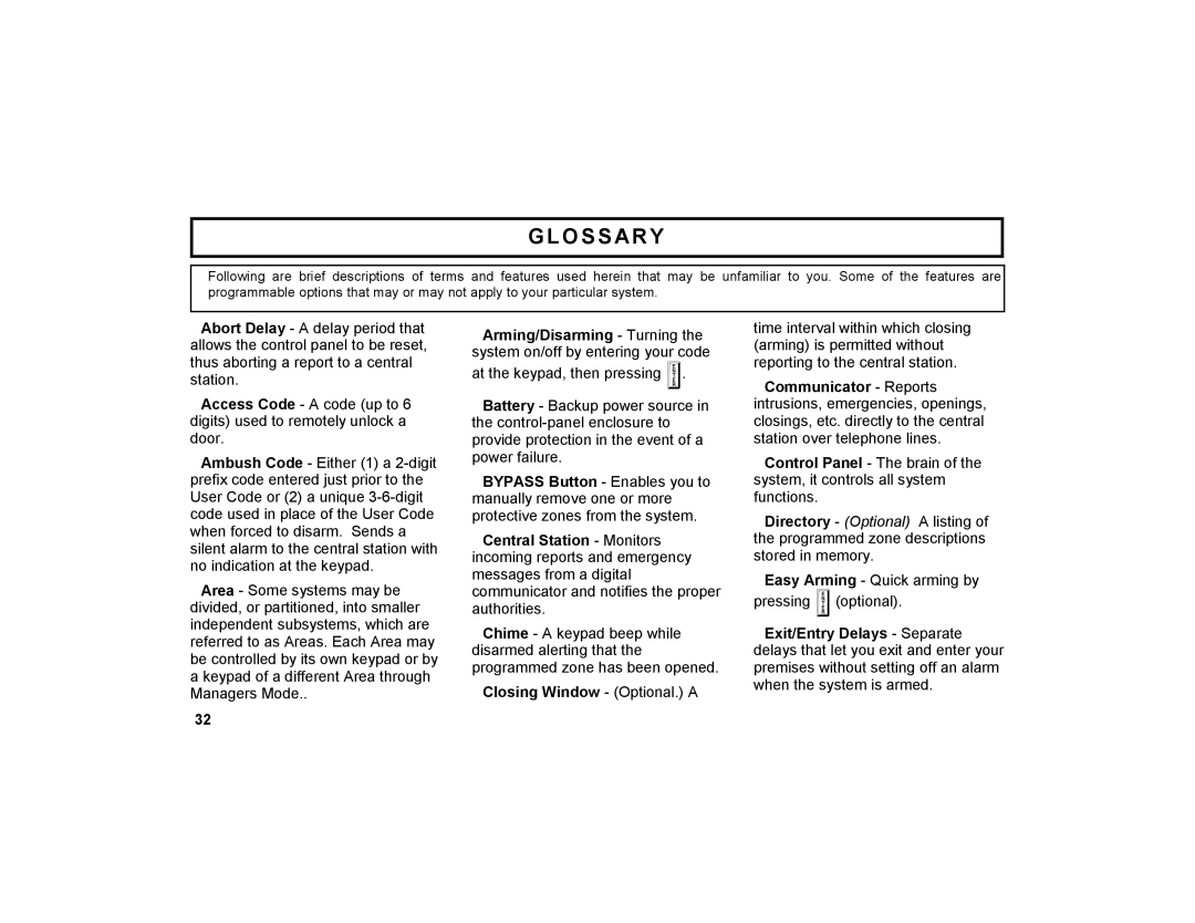 Napco Security Technologies GEM-K2AS manual Glossary, Closing Window Optional. a 