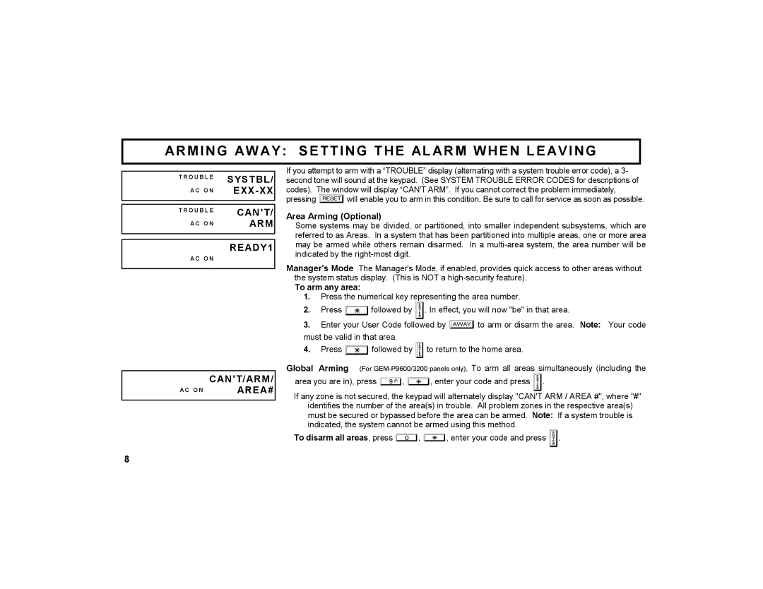 Napco Security Technologies GEM-K2AS manual Systbl, Exx-Xx, READY1, Cant/Arm, Area# 