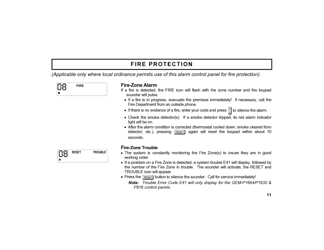 Napco Security Technologies GEM-K4RF manual Fire Protection, Fire-Zone Trouble 