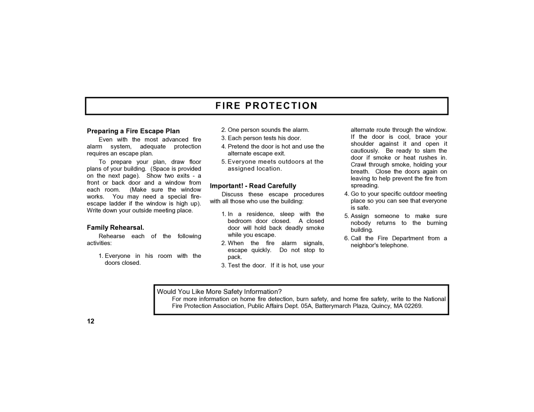 Napco Security Technologies GEM-K4RF manual Preparing a Fire Escape Plan, Family Rehearsal, Important! Read Carefully 