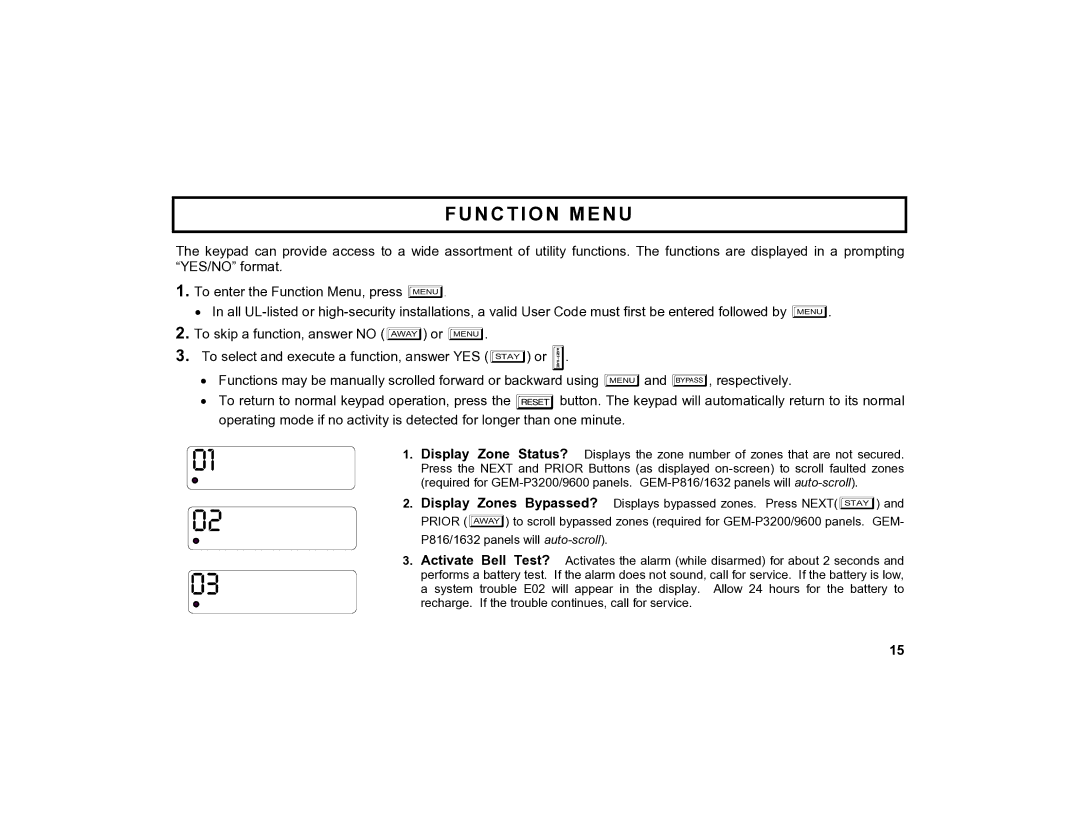 Napco Security Technologies GEM-K4RF manual Function Menu 