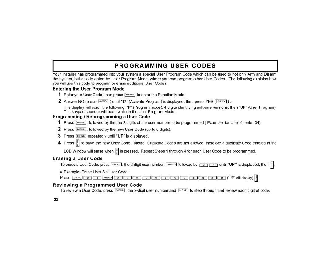 Napco Security Technologies GEM-K4RF manual Programming User Codes, Entering the User Program Mode, Erasing a User Code 