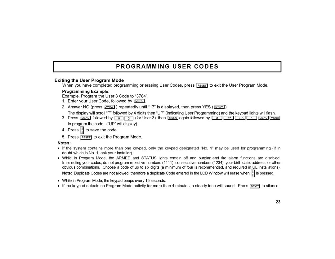 Napco Security Technologies GEM-K4RF manual Exiting the User Program Mode, Programming Example 