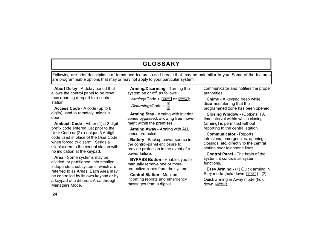 Napco Security Technologies GEM-K4RF manual Glossary, Arming/Disarming Turning the system on or off, as follows 