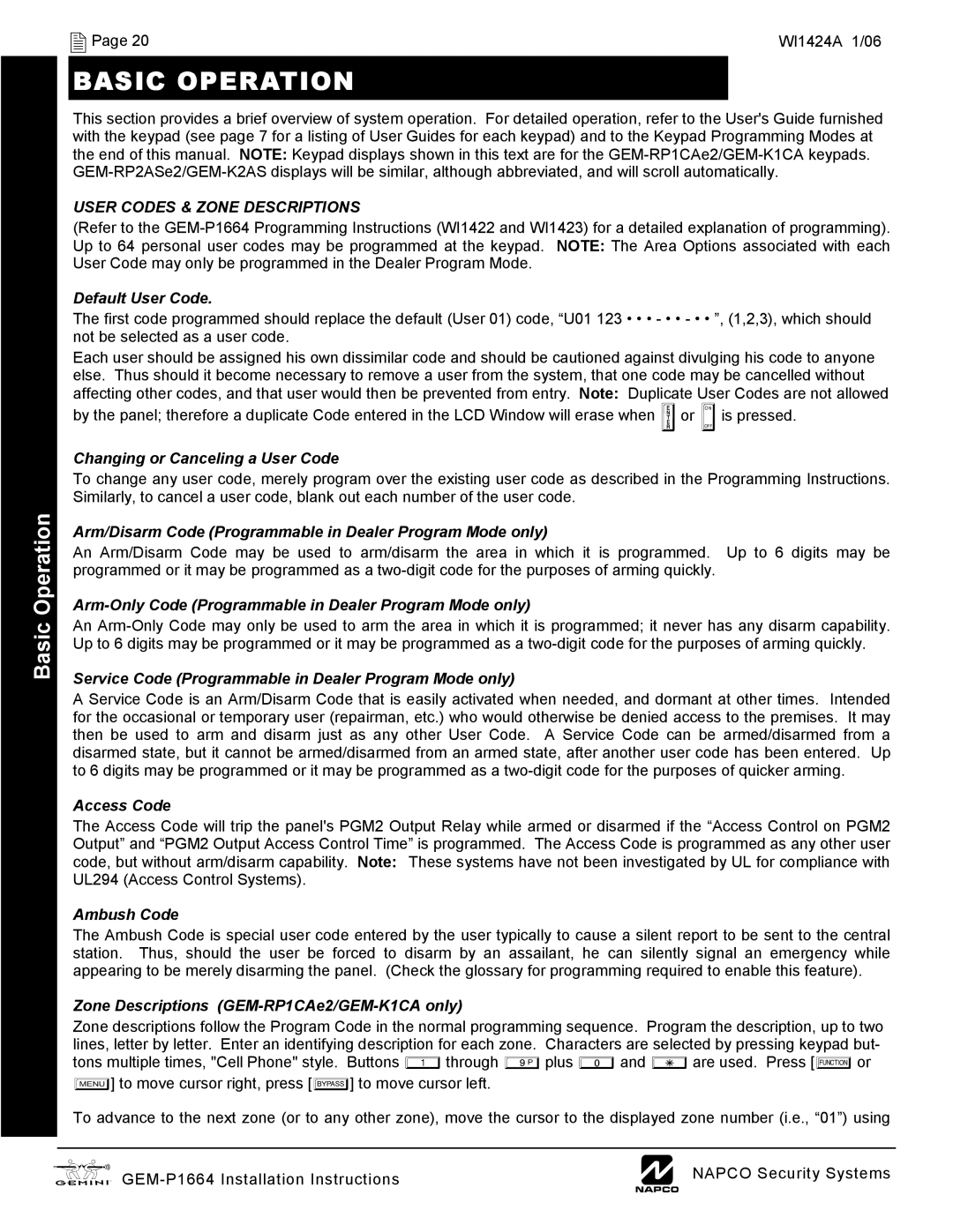 Napco Security Technologies GEM-P1664 installation instructions Basic Operation, User Codes & Zone Descriptions 