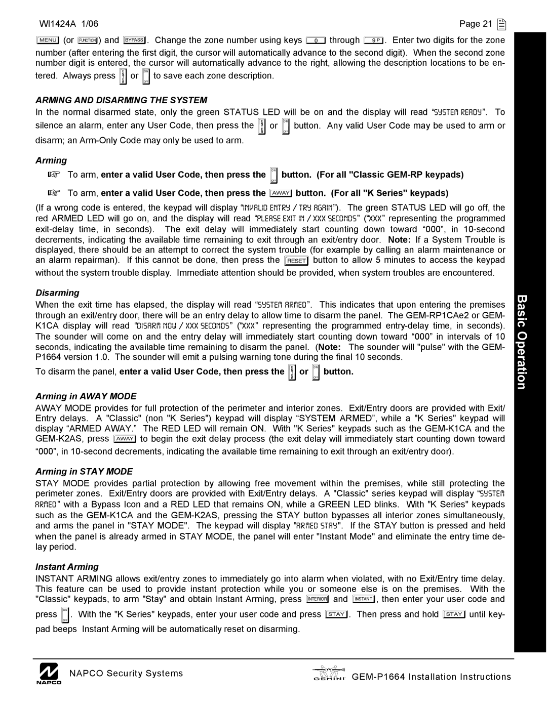 Napco Security Technologies GEM-P1664 installation instructions Arming and Disarming the System 