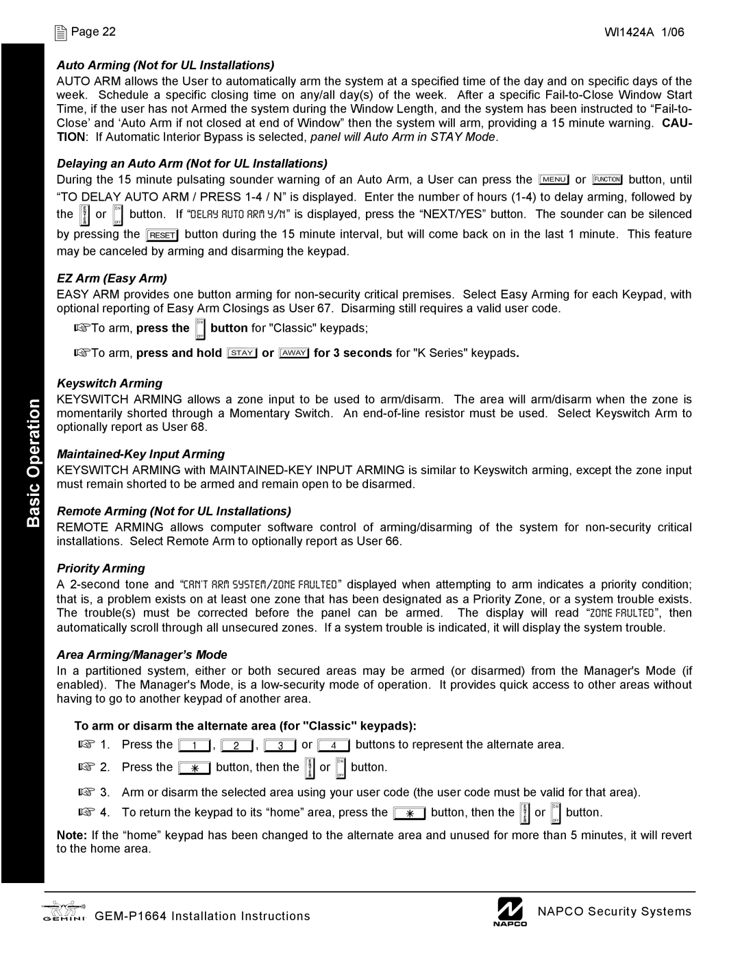 Napco Security Technologies GEM-P1664 installation instructions Auto Arming Not for UL Installations 