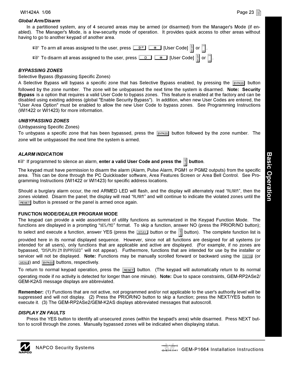 Napco Security Technologies GEM-P1664 WI1424A 1/06 23 , Bypassing Zones, Unbypassing Zones, Alarm Indication 