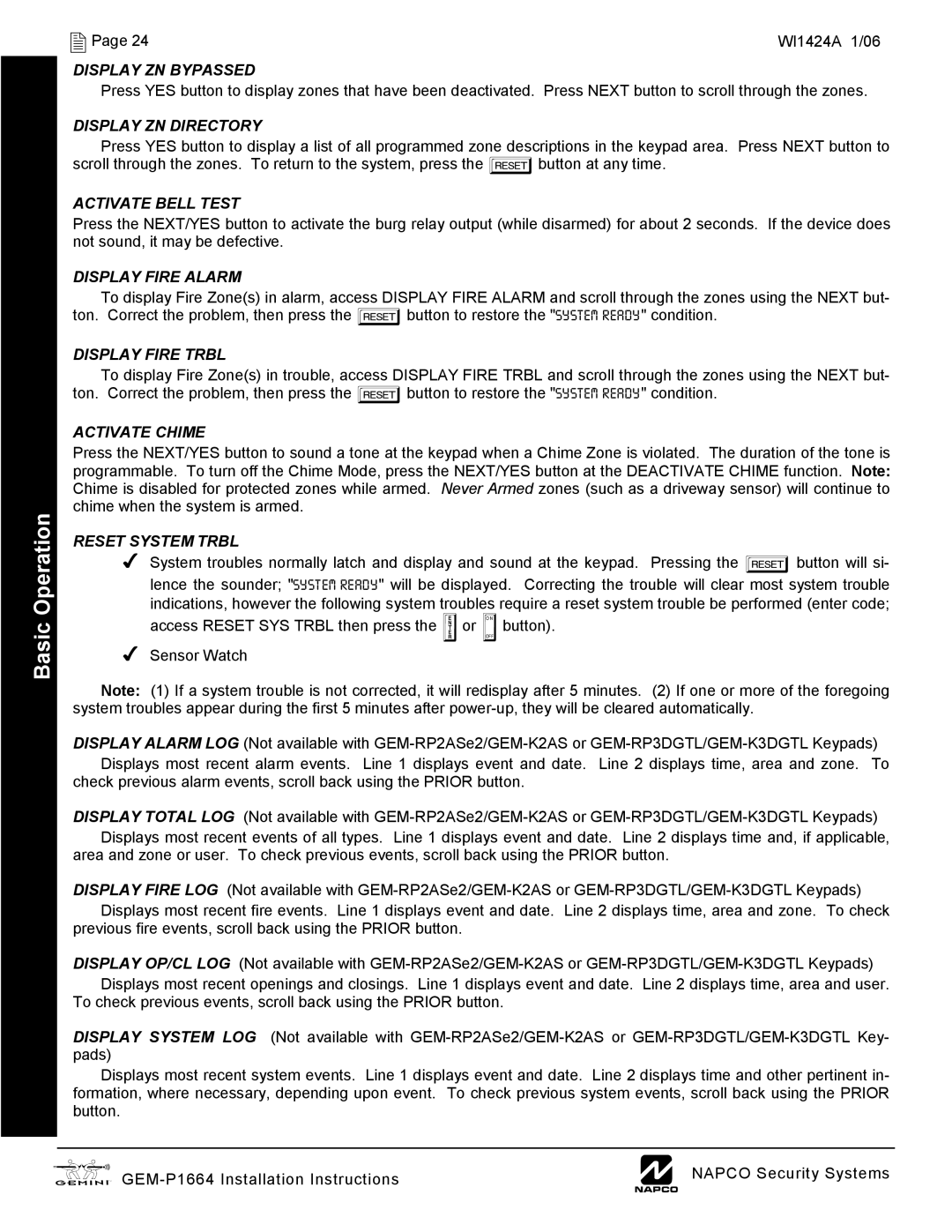 Napco Security Technologies GEM-P1664 Display ZN Bypassed, Display ZN Directory, Activate Bell Test, Display Fire Alarm 
