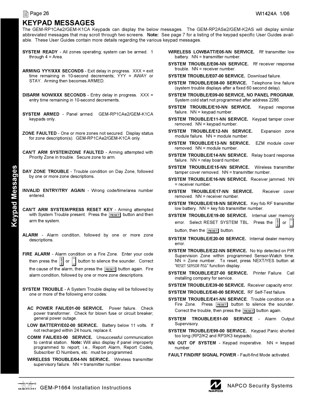 Napco Security Technologies GEM-P1664 installation instructions Keypad Messages 