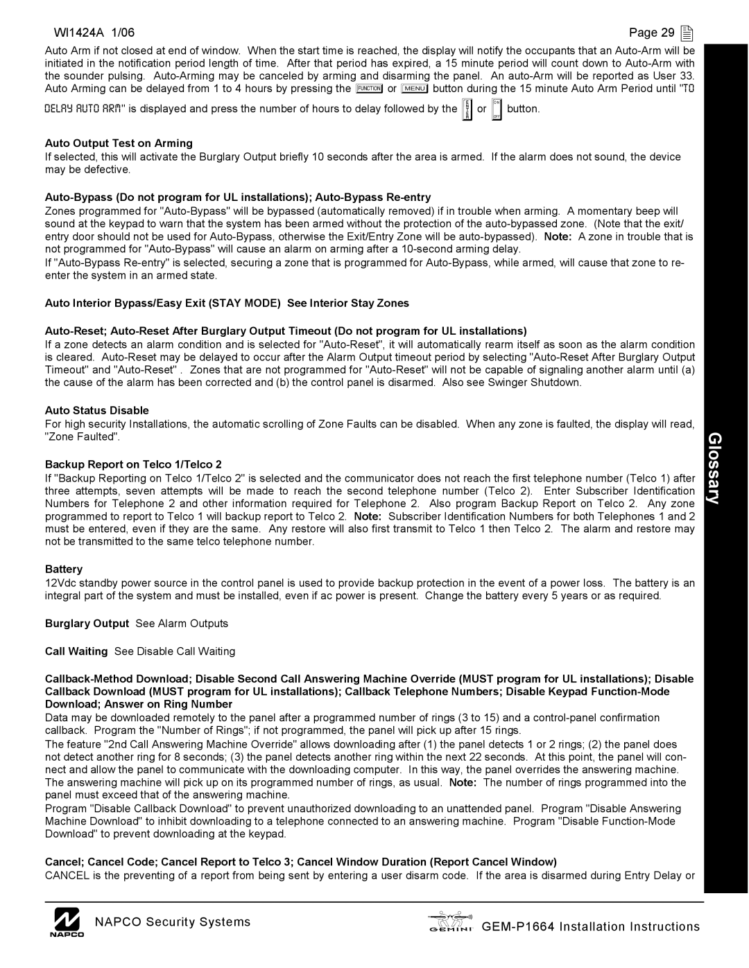 Napco Security Technologies GEM-P1664 WI1424A 1/06 29 , Auto Output Test on Arming, Auto Status Disable, Battery 