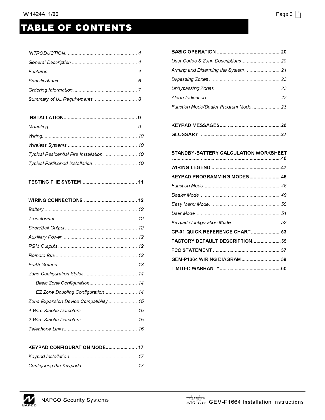 Napco Security Technologies GEM-P1664 installation instructions Table of Contents 