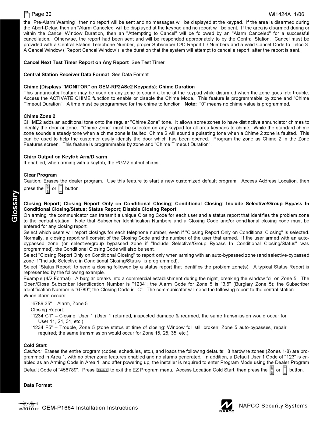 Napco Security Technologies GEM-P1664 Chime Zone, Chirp Output on Keyfob Arm/Disarm, Cold Start, Data Format 