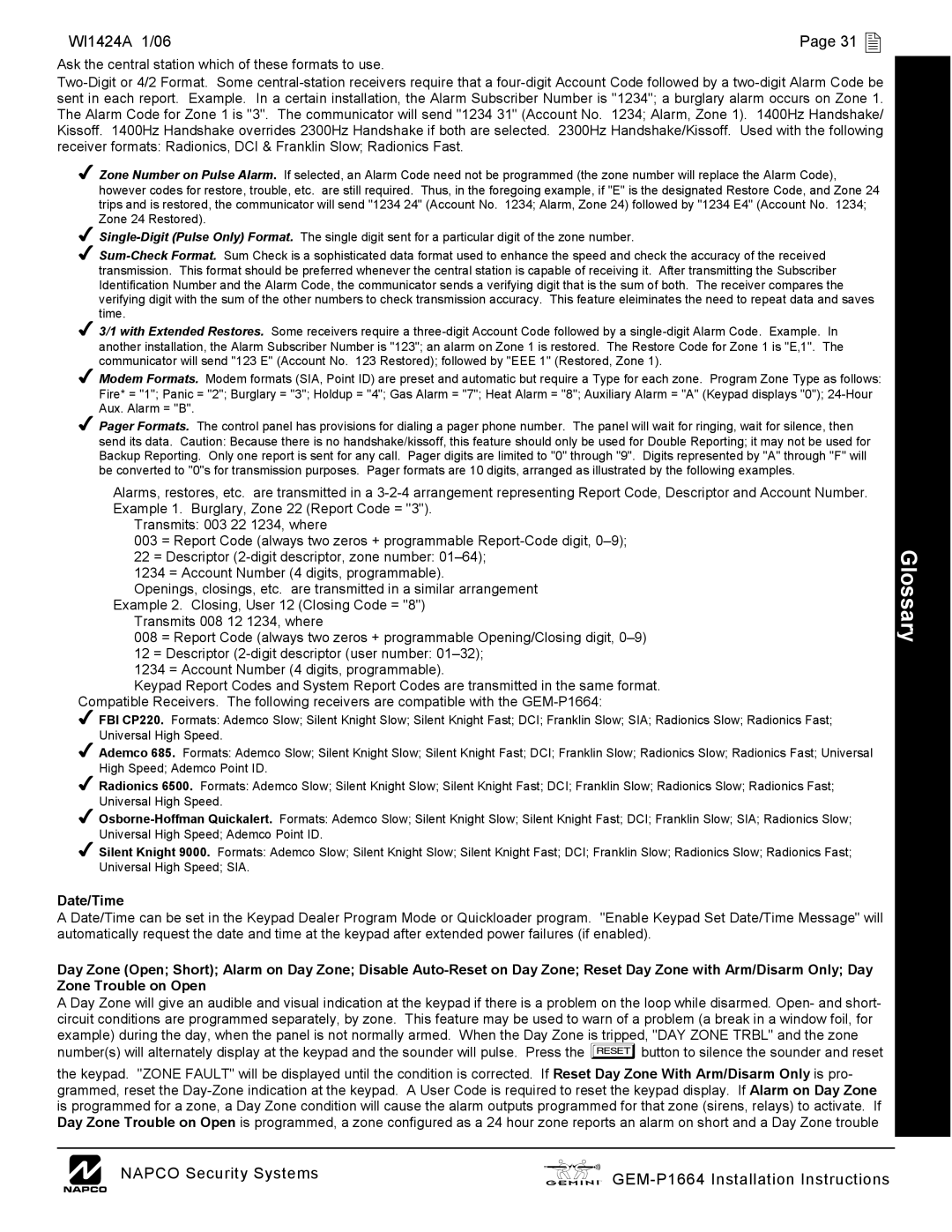 Napco Security Technologies GEM-P1664 installation instructions WI1424A 1/06 31 , Date/Time 