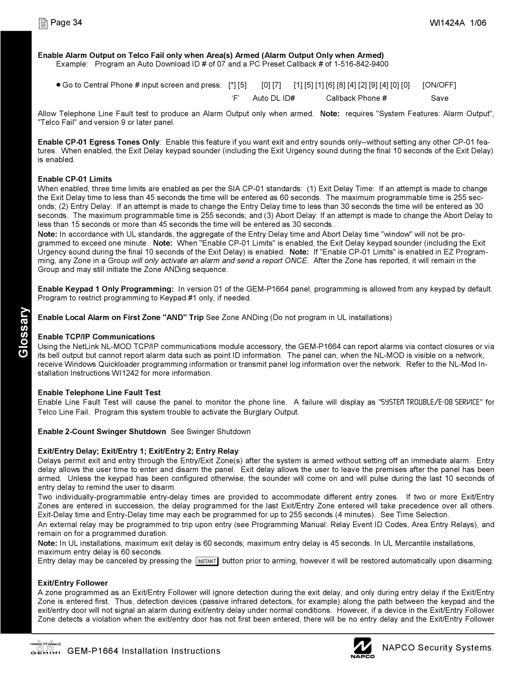 Napco Security Technologies GEM-P1664 Enable CP-01 Limits, Enable TCP/IP Communications, Enable Telephone Line Fault Test 