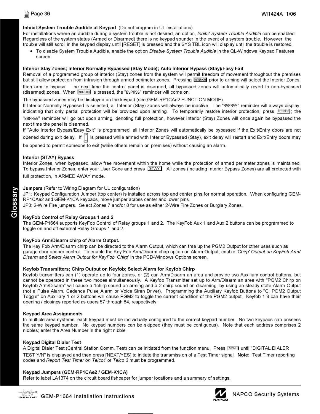 Napco Security Technologies GEM-P1664 Interior Stay Bypass, KeyFob Control of Relay Groups 1, Keypad Area Assignments 