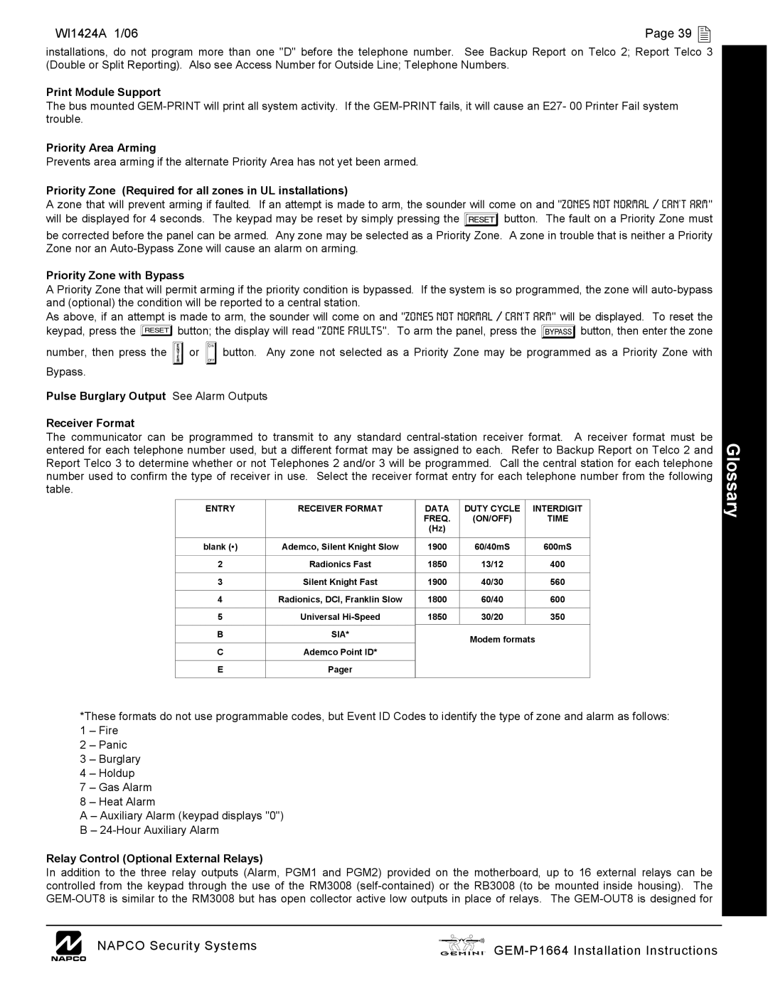 Napco Security Technologies GEM-P1664 installation instructions WI1424A 1/06 39  