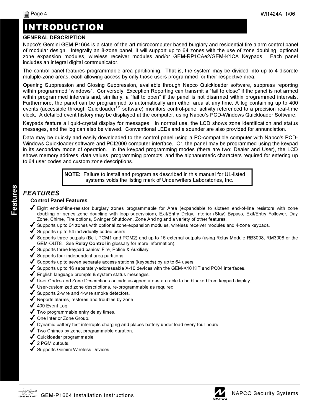 Napco Security Technologies GEM-P1664 installation instructions Introduction, Features, Page WI1424A 1/06 