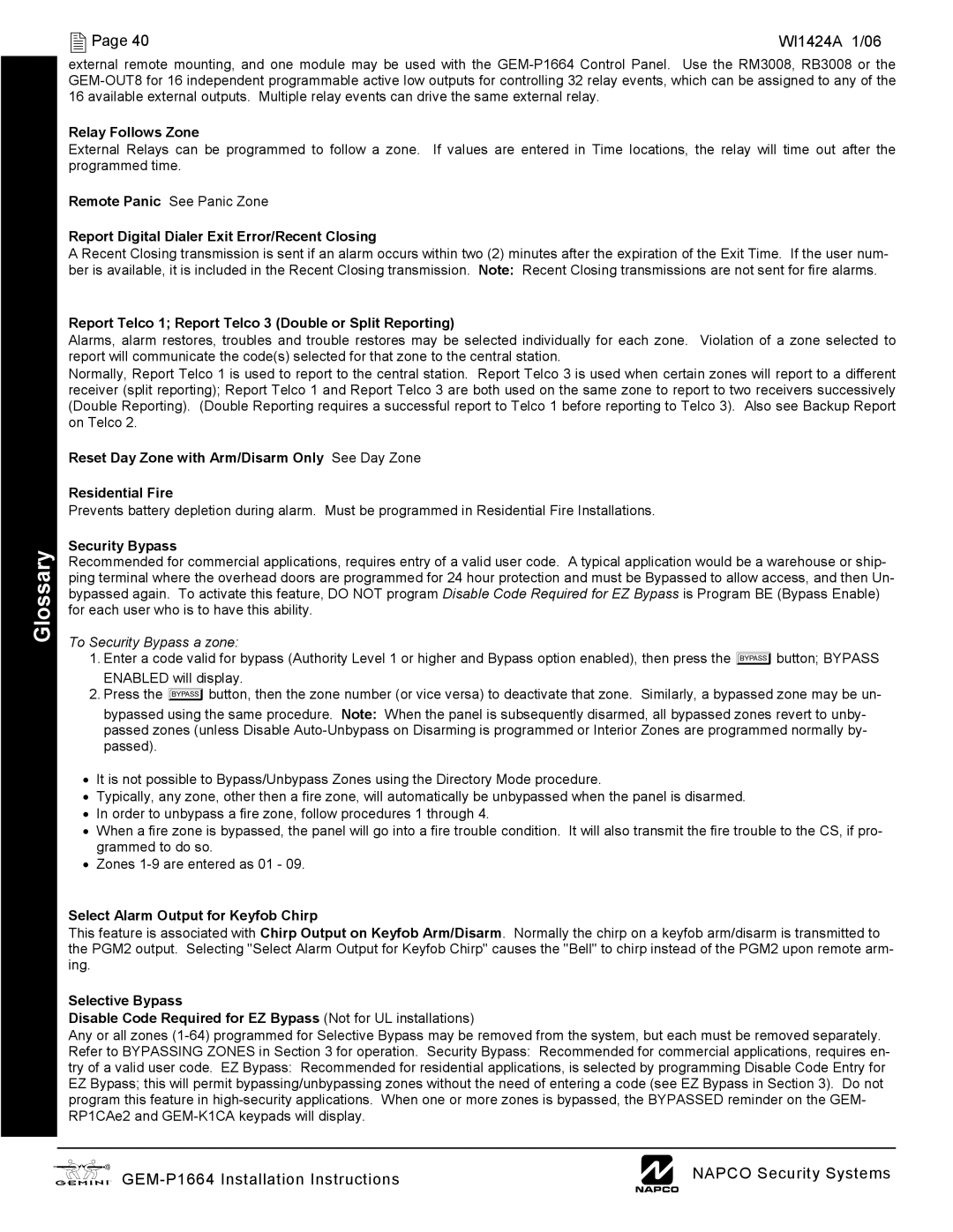 Napco Security Technologies GEM-P1664 Relay Follows Zone, Report Digital Dialer Exit Error/Recent Closing, Security Bypass 