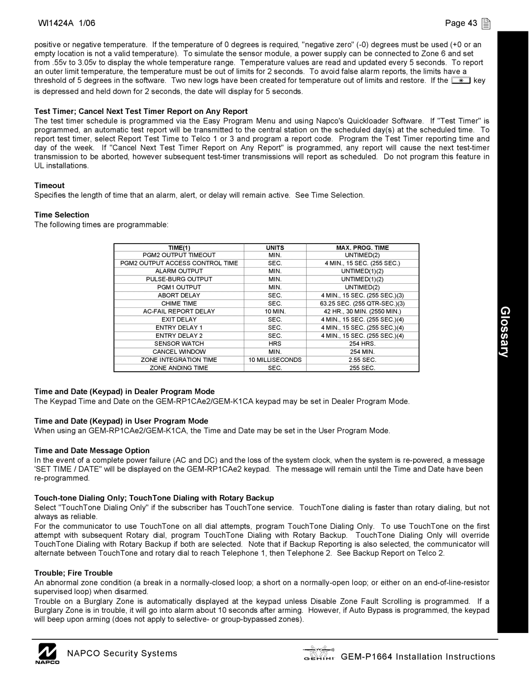 Napco Security Technologies GEM-P1664 installation instructions WI1424A 1/06 43  