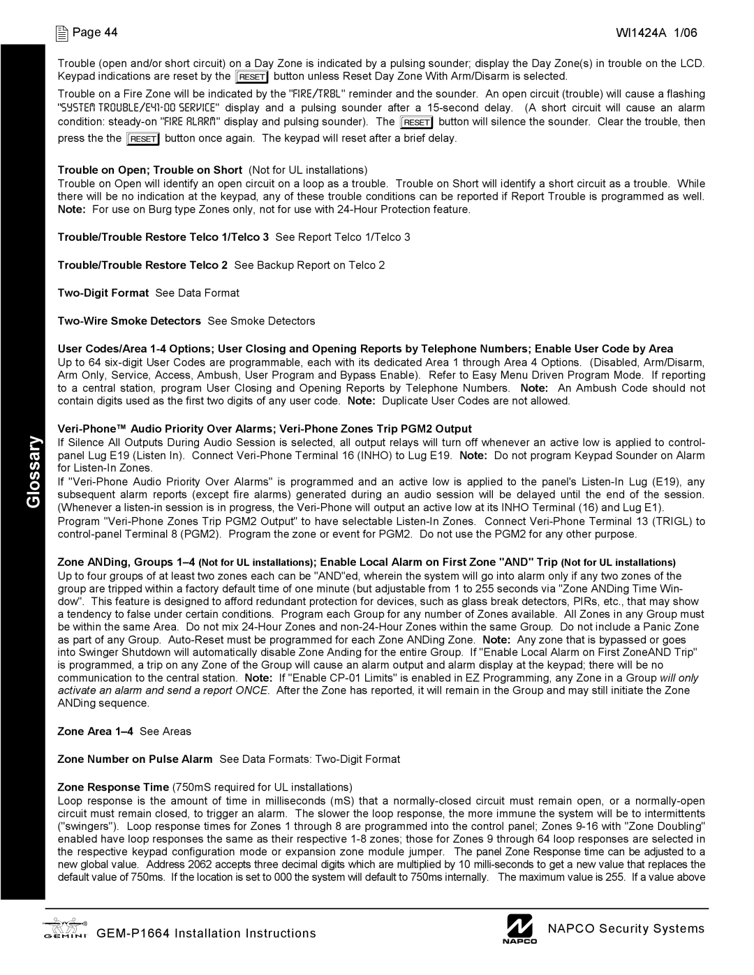 Napco Security Technologies GEM-P1664 installation instructions Trouble on Open Trouble on Short Not for UL installations 