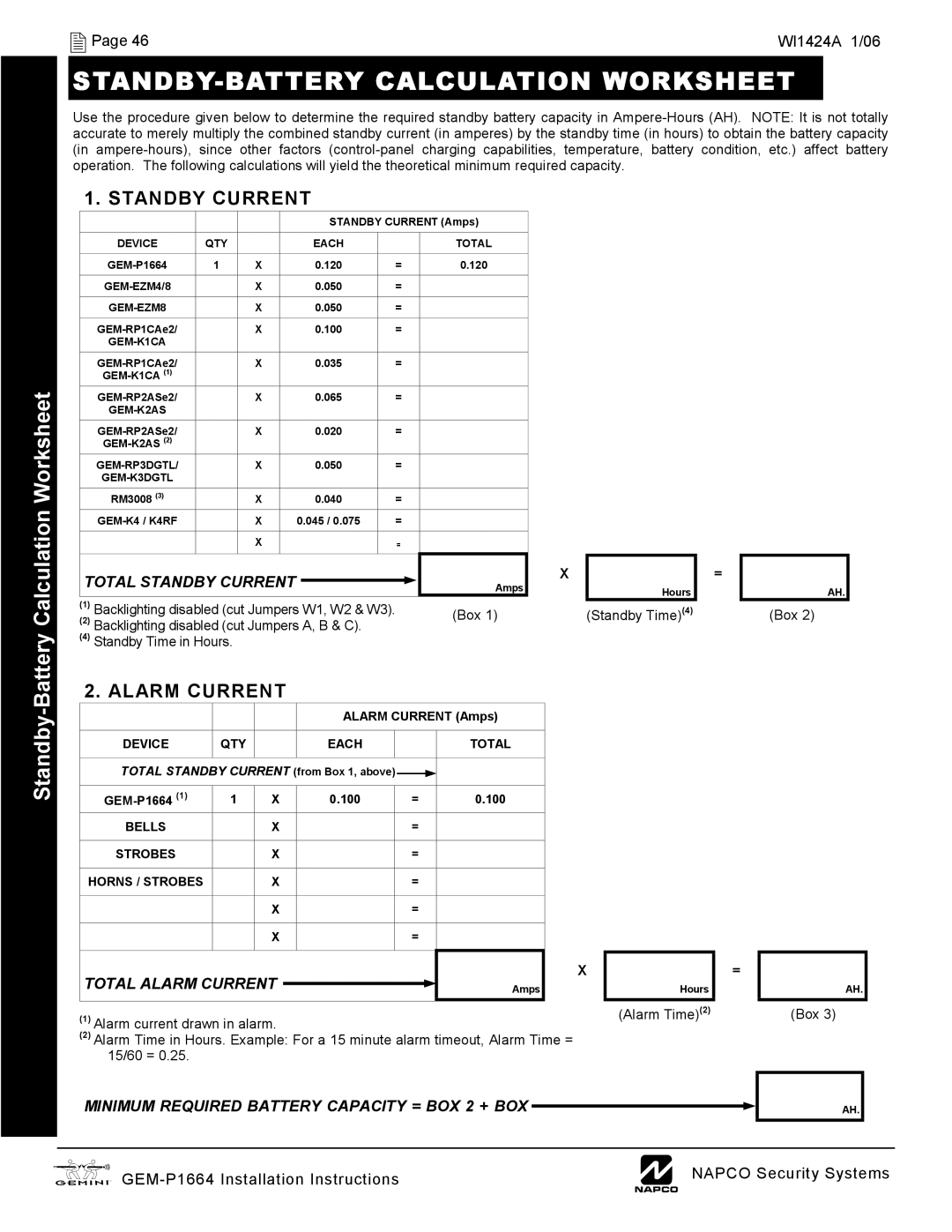 Napco Security Technologies GEM-P1664 STANDBY-BATTERY Calculation Worksheet, Battery Calculation Worksheet, Standby 