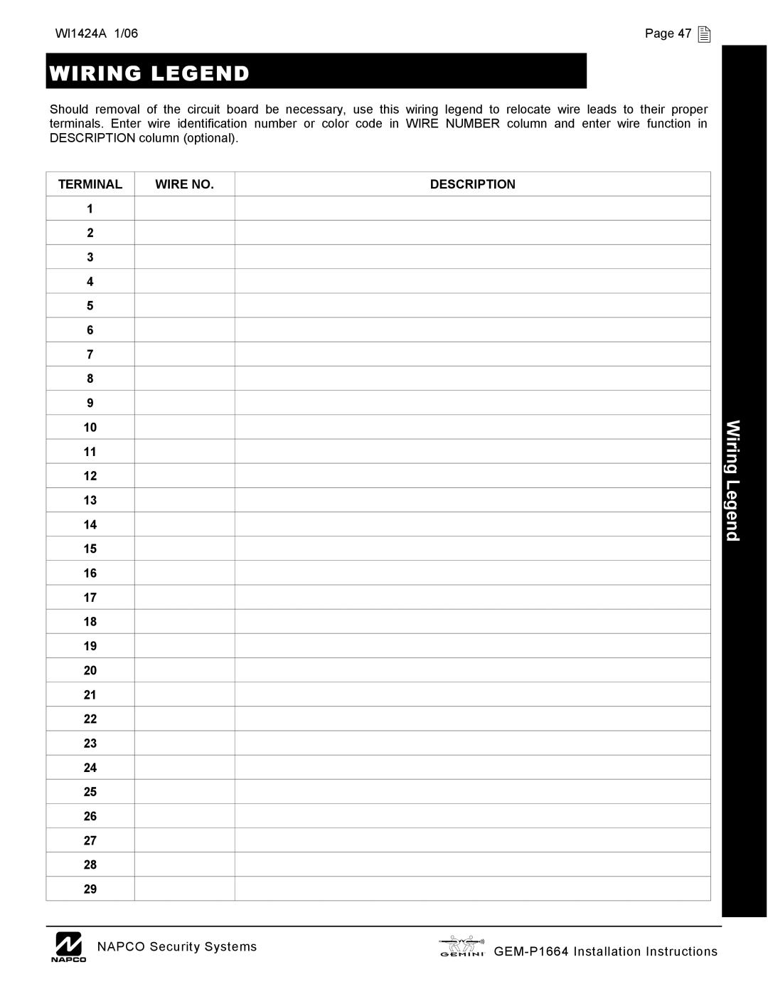 Napco Security Technologies GEM-P1664 installation instructions Wiring Legend, WI1424A 1/06 47  