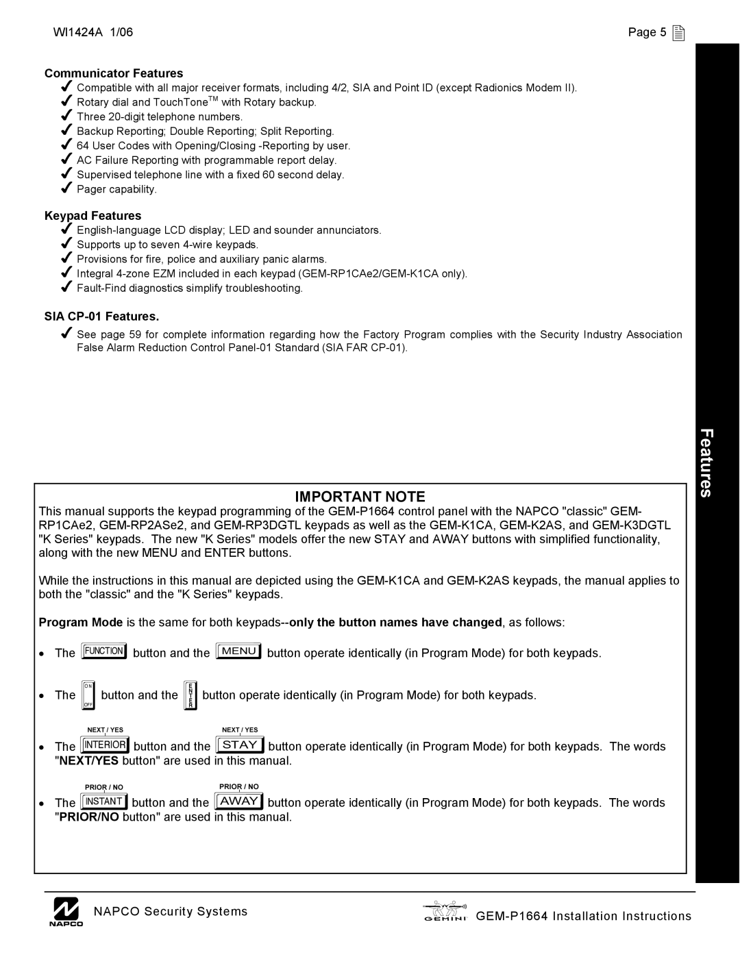 Napco Security Technologies GEM-P1664 installation instructions WI1424A 1/06 5 , Communicator Features 