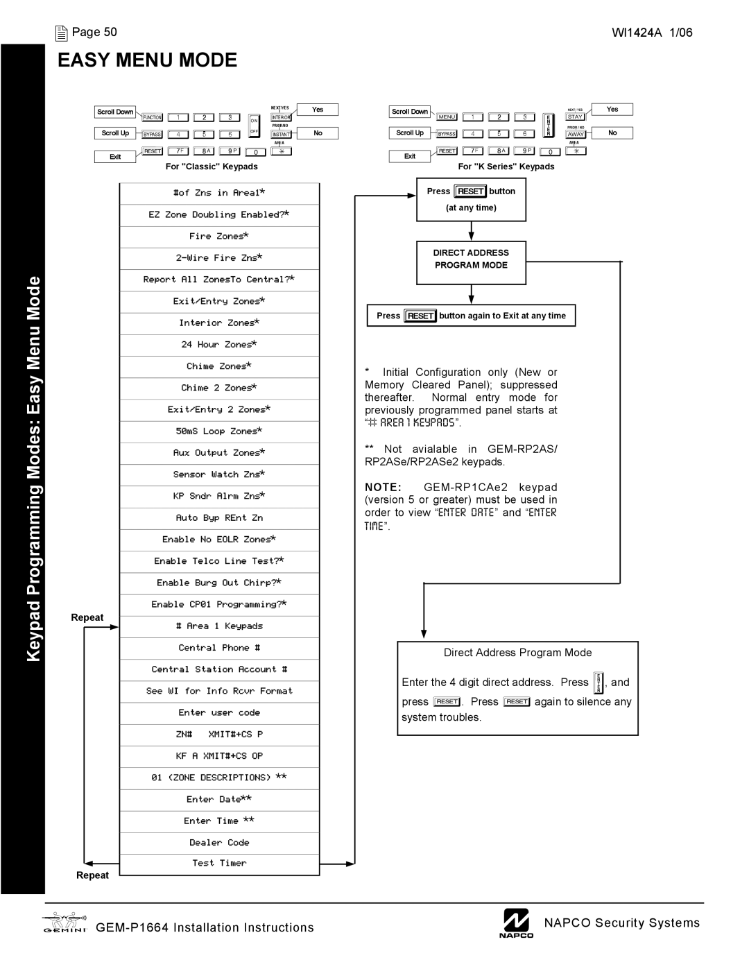 Napco Security Technologies GEM-P1664 installation instructions Keypad Programming Modes Easy Menu Mode, B456 123 D 