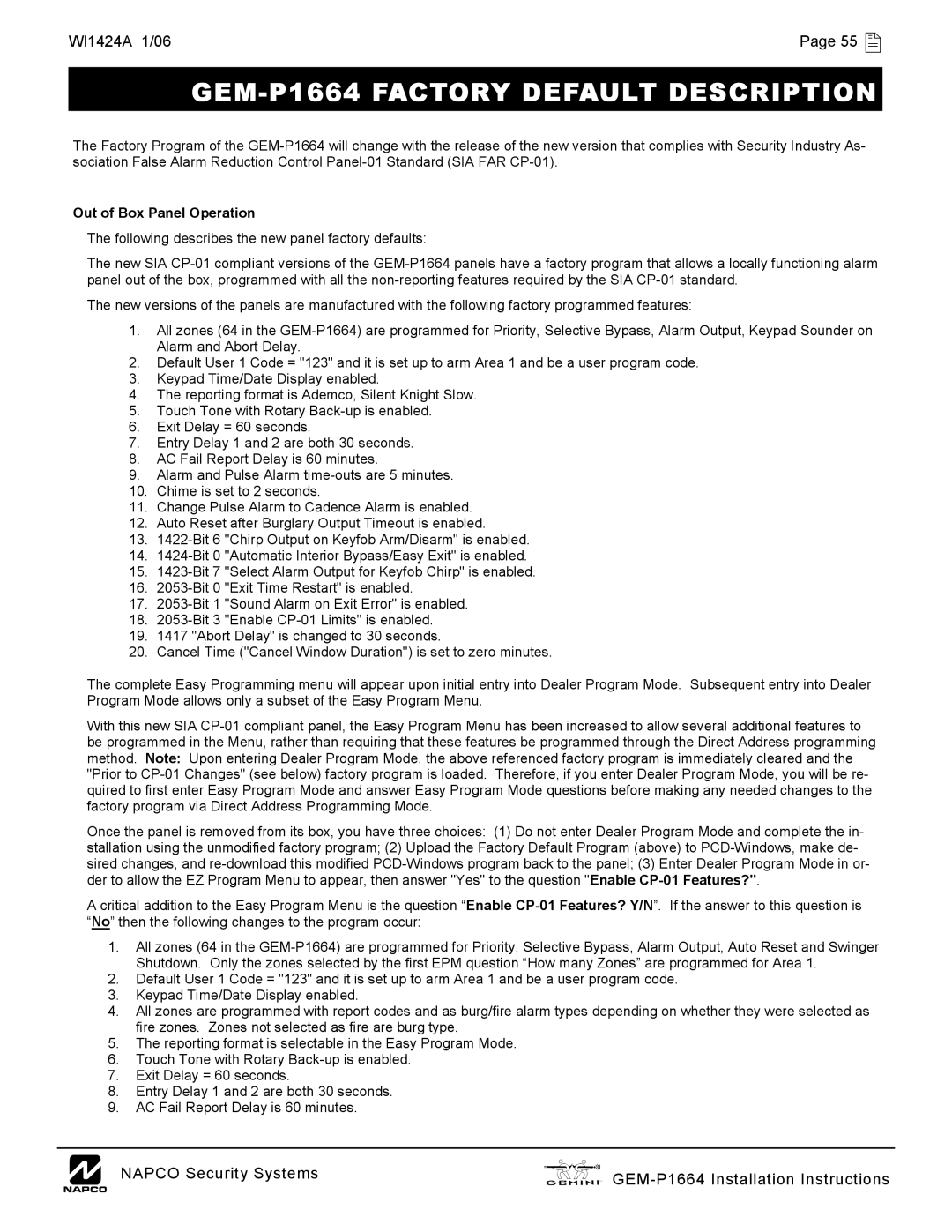 Napco Security Technologies GEM-P1664 Factory Default Description, WI1424A 1/06 55 , Out of Box Panel Operation 