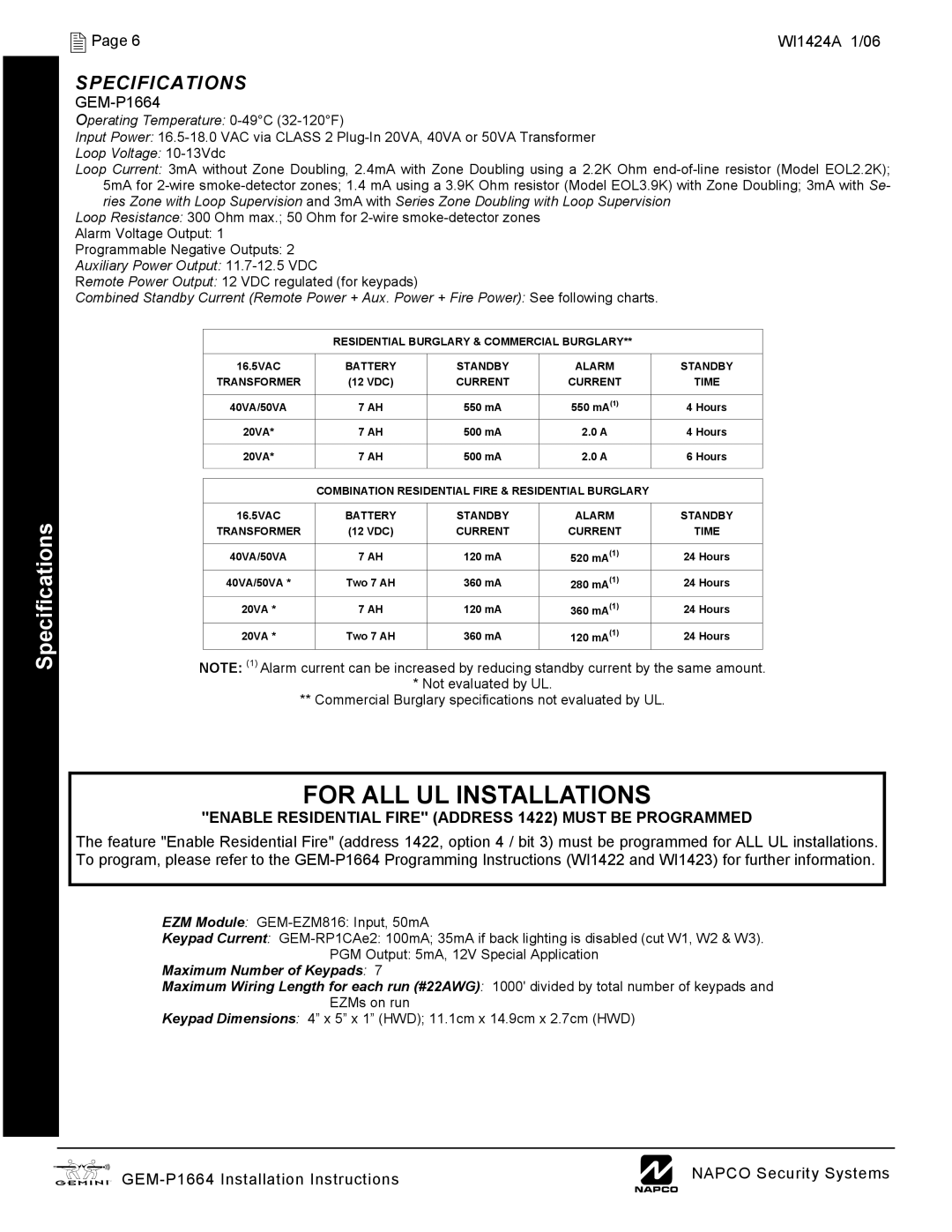 Napco Security Technologies GEM-P1664 installation instructions Specifications 