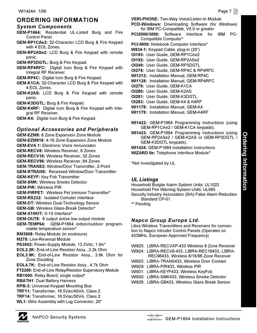 Napco Security Technologies GEM-P1664 Ordering Information, System Components, Optional Accessories and Peripherals 