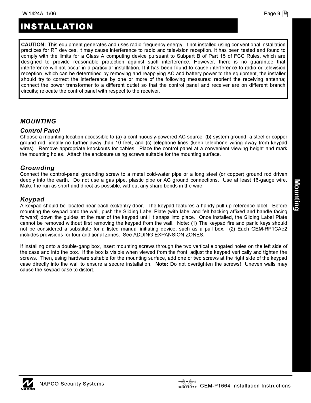 Napco Security Technologies GEM-P1664 installation instructions Installation, Mounting, Control Panel, Grounding, Keypad 