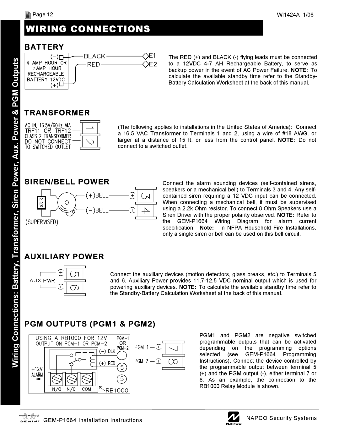 Napco Security Technologies GEM-P1664 Wiring Connections, PGM Outputs, Transformer, Siren/Bell Power, Auxiliary Power 