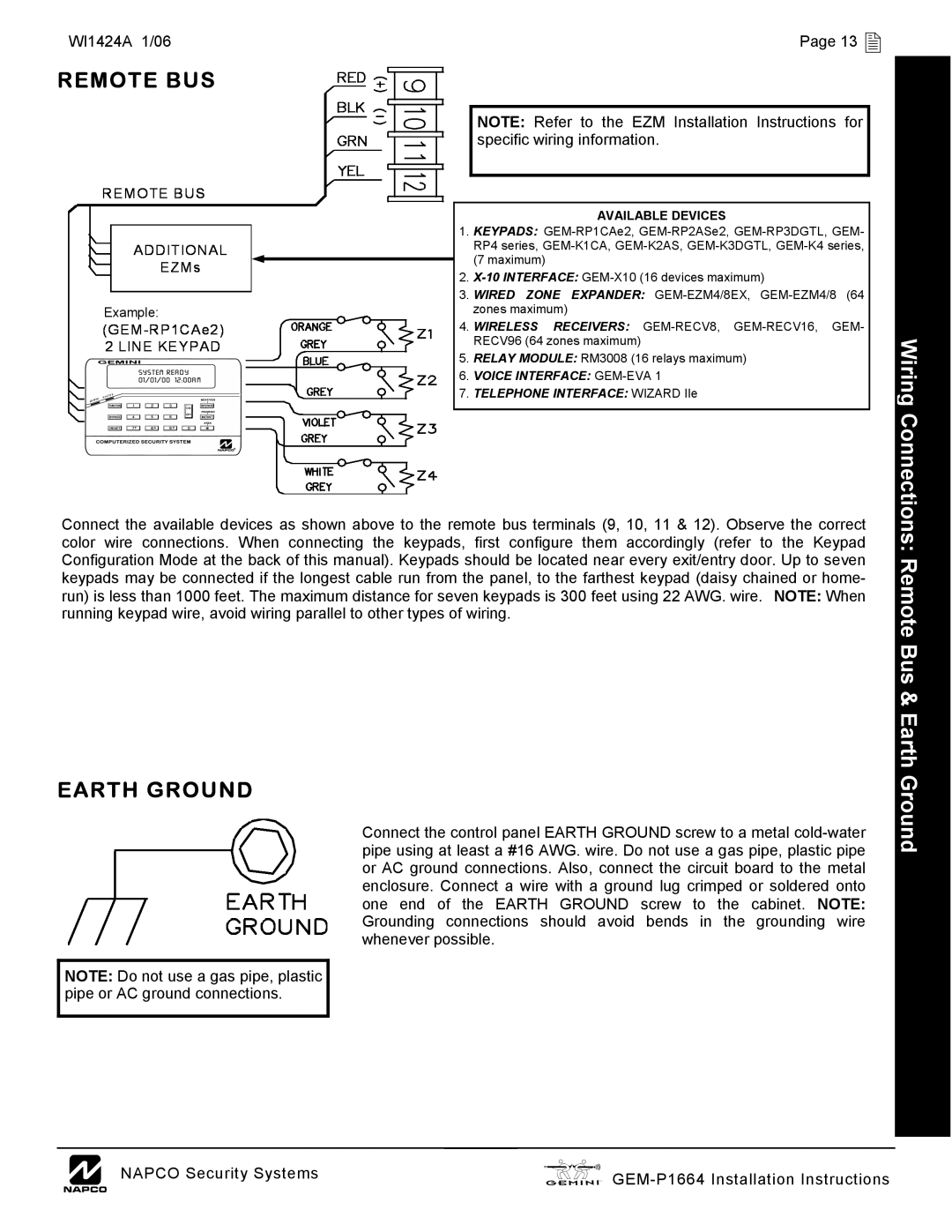 Napco Security Technologies GEM-P1664 installation instructions Wiring Connections Remote Bus & Earth Ground 