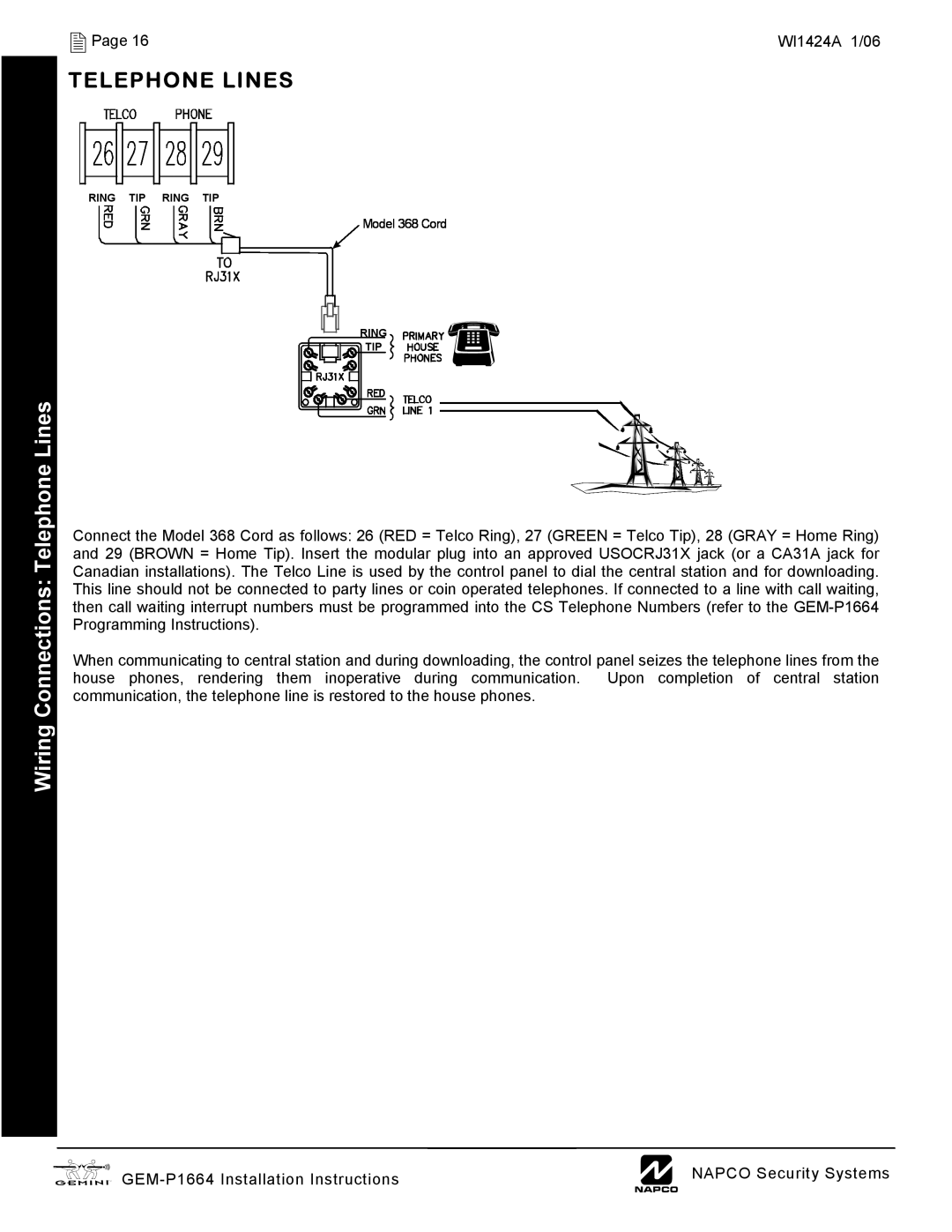 Napco Security Technologies GEM-P1664 installation instructions Wiring Connections Telephone Lines 