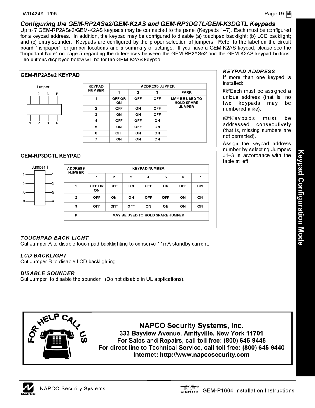 Napco Security Technologies GEM-P1664 installation instructions Keypad Configuration, NAPCO Security Systems, Inc, Mode 