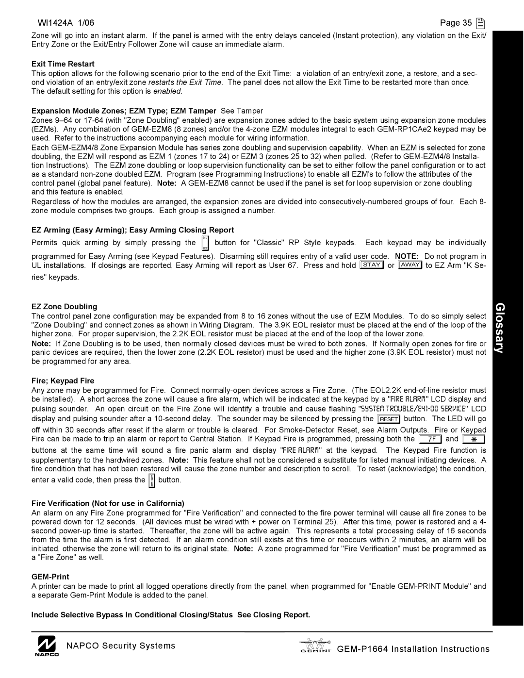 Napco Security Technologies GEM-P1664 Glossary, Exit Time Restart, EZ Arming Easy Arming Easy Arming Closing Report 