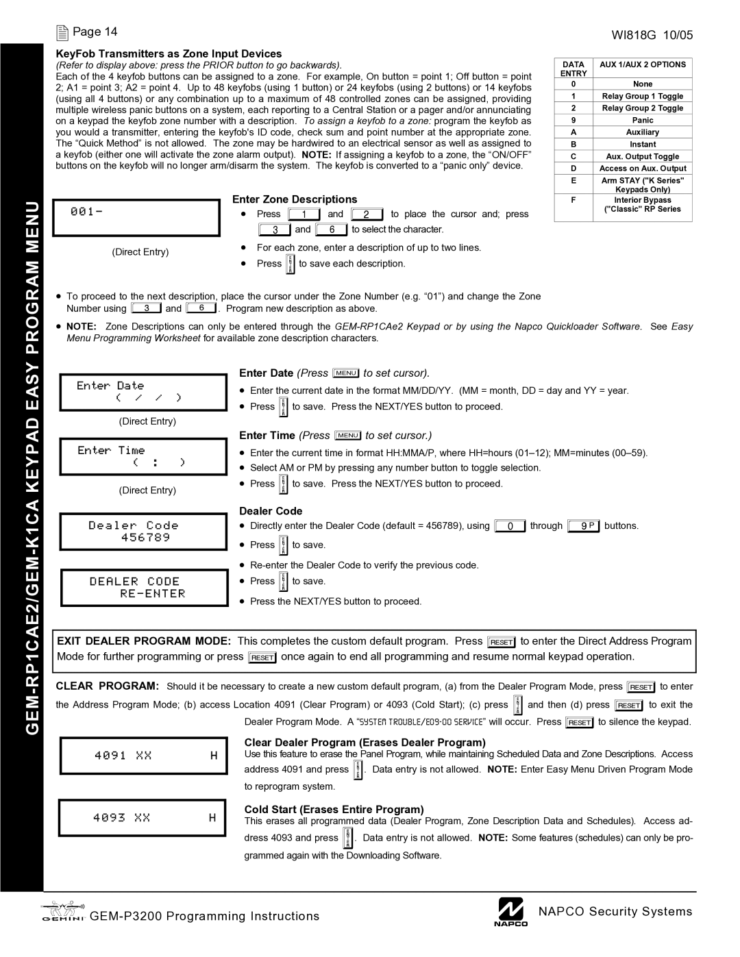 Napco Security Technologies GEM-P3200 quick start Keypad Easy, Dealer Code RE Enter 