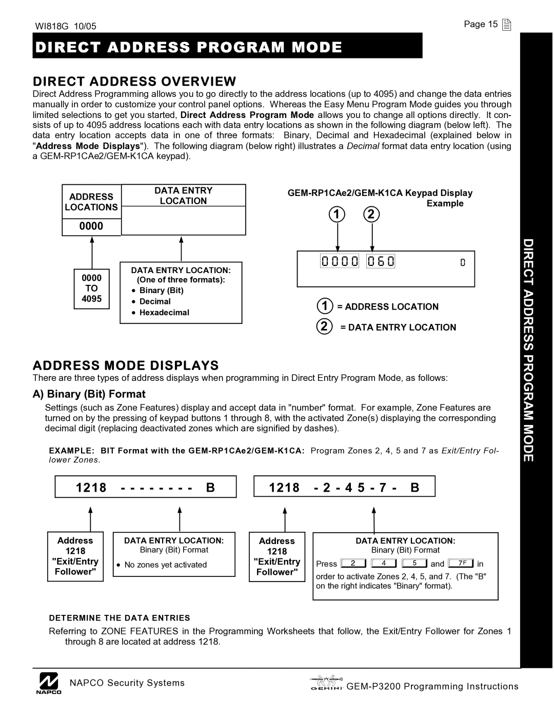 Napco Security Technologies GEM-P3200 Direct Address Program Mode, Direct Address Overview, Address Mode Displays 