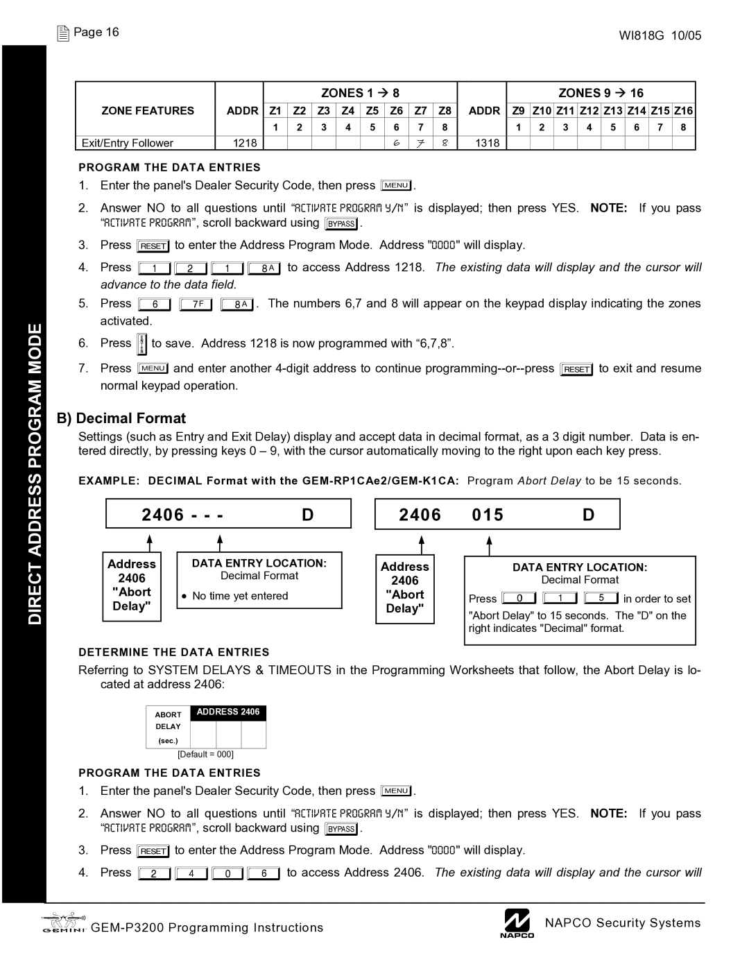 Napco Security Technologies GEM-P3200 quick start Address Program Mode, 2406, Direct, Zones 