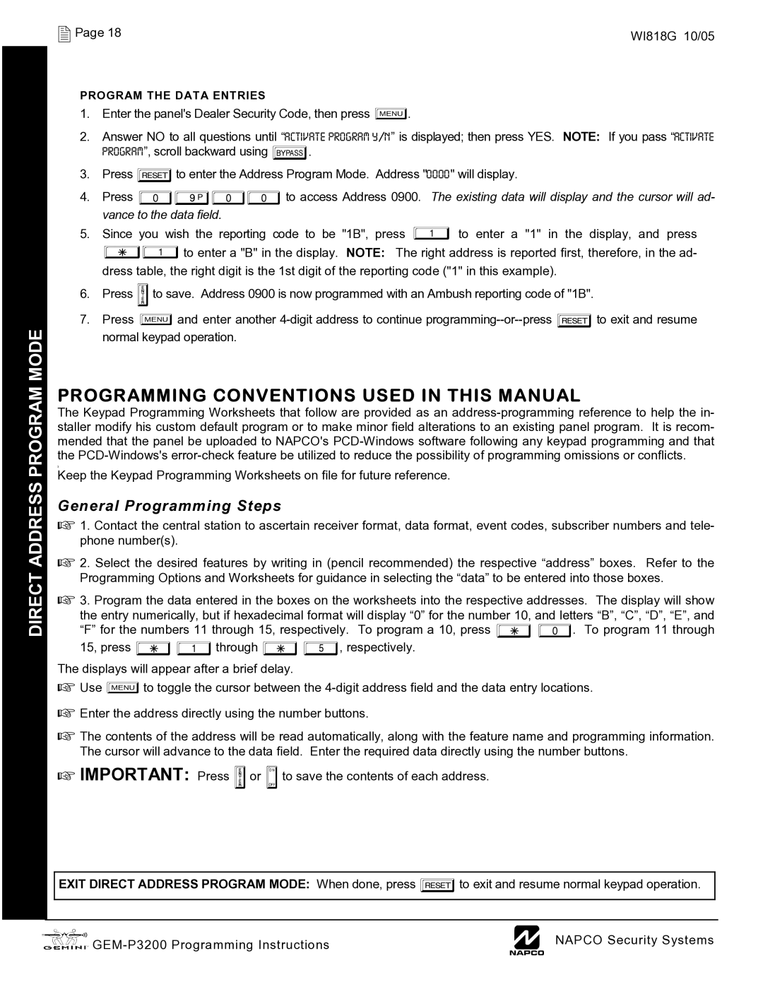 Napco Security Technologies GEM-P3200 quick start Direct Address Program Mode, Programming Conventions Used in this Manual 