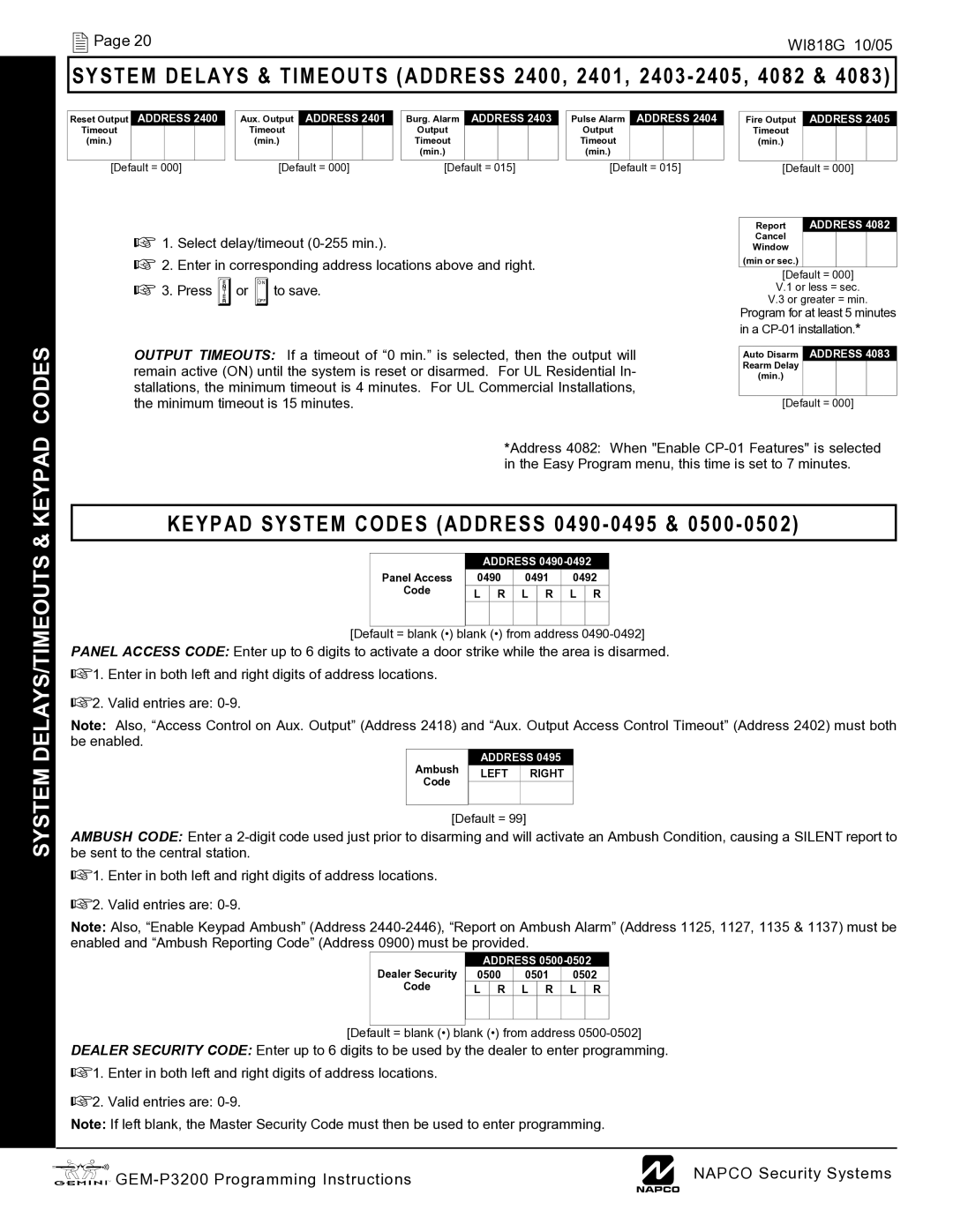 Napco Security Technologies GEM-P3200 quick start Keypad System Codes Address 0490 0495 & 0500, Left Right 