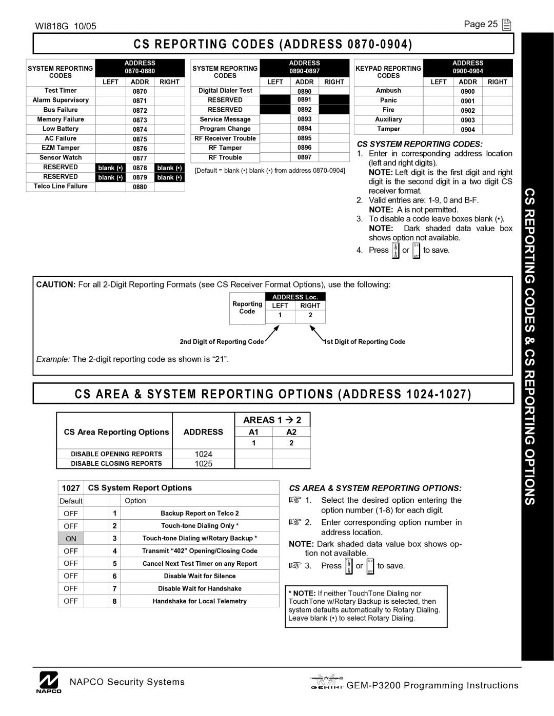 Napco Security Technologies GEM-P3200 CS Reporting Codes Address 0870, CS Area & System Reporting Options Address 1024 