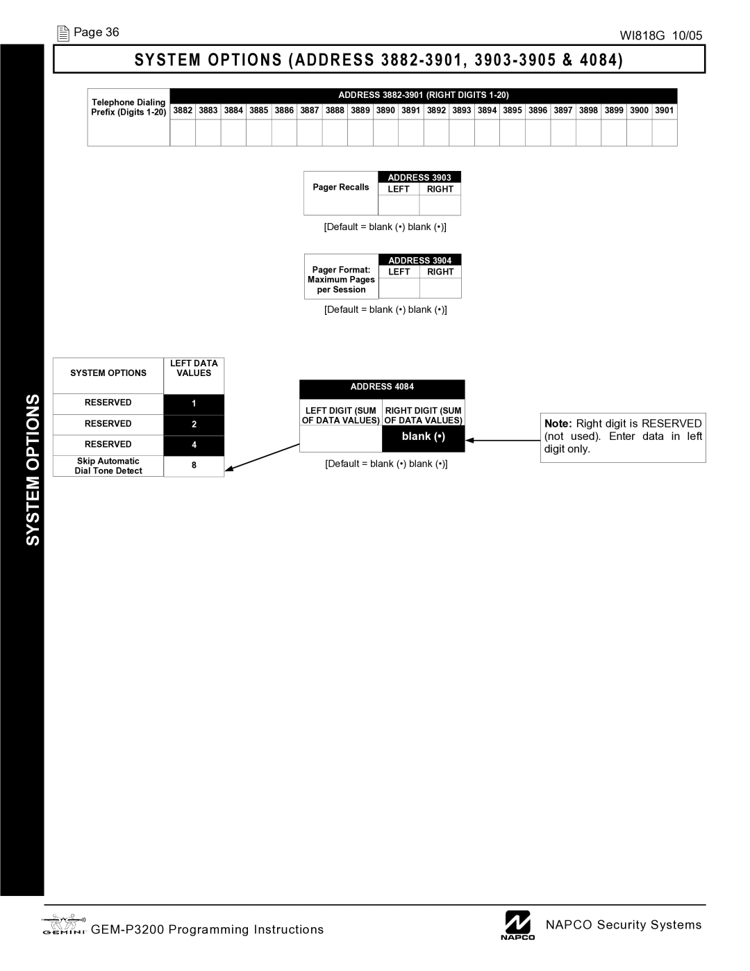 Napco Security Technologies GEM-P3200 quick start System Options Address 3882 -3901, 3903 3905, System Options Reserved 