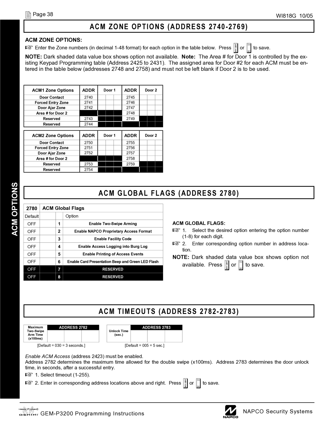 Napco Security Technologies GEM-P3200 quick start ACM Zone Options Address 2740, ACM Global Flags Address, Acm 