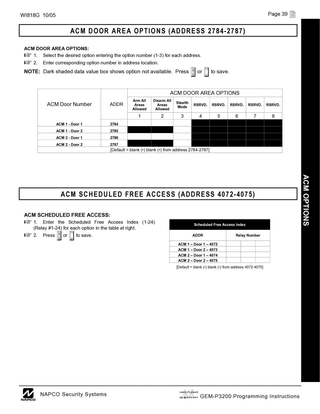 Napco Security Technologies GEM-P3200 ACM Door Area Options Address 2784, ACM Scheduled Free Access Address 4072 